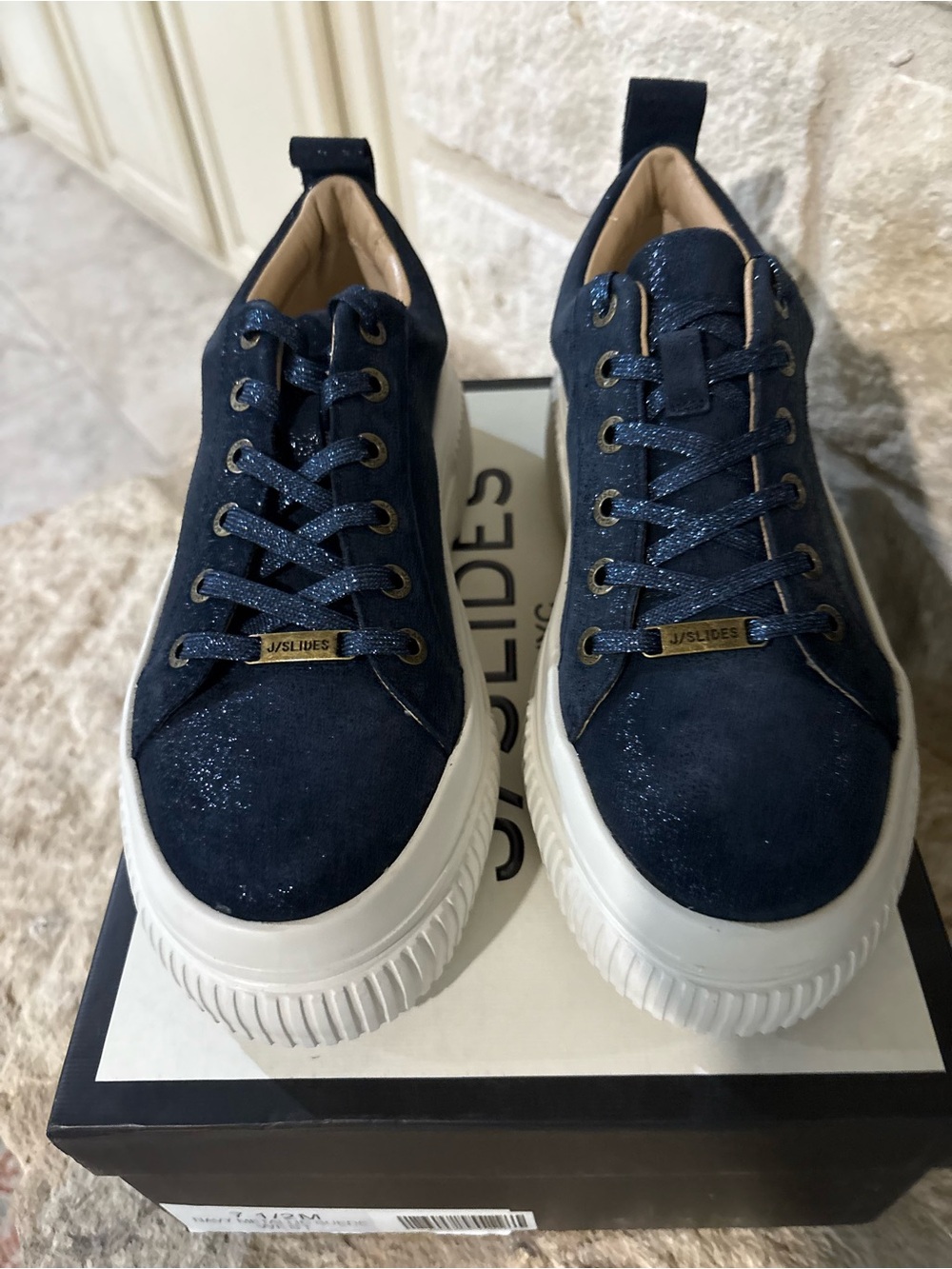 J/SLIDES NYC Navy Metallic Suede Platform Sneakers Size 7.5 New in Box